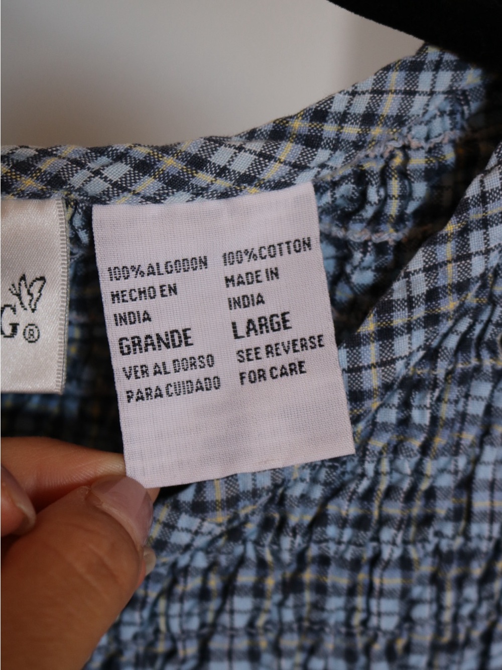 Vintage Fashion Bug Smocked Plaid Crop Top 100% Cotton Sky Blue Navy Yellow L - Picture 4 of 9